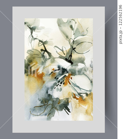 Artwork with flowers arrangement of herbs and spring wildflowers in abstract watercolour style 122562196