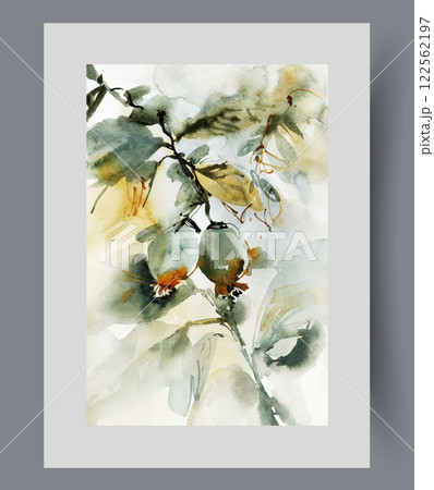 Tree branch with two fruits that did not have time to bloom on wall art. Watercolor artwork Tree branch with two fruits that did not have time to bloom on wall art. Watercolor artwork 122562197
