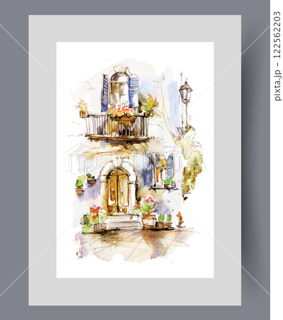 Fragment of city two-story building with small balconies on wall art. Watercolor artwork 122562203