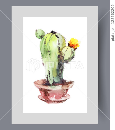 Large cactus with flower in home flowerpot with clay on wall art. Watercolor artwork 122562209