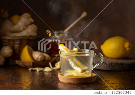 Ginger tea with lemon and honey. 122562343
