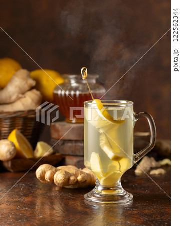 Ginger tea with lemon and honey. Ginger tea with lemon and honey. 122562344