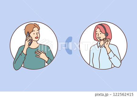 Client contacts customer support and talks on phone with female hotline operator 122562415