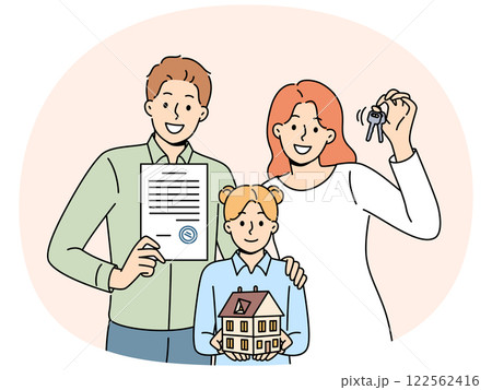 Happy family parents and daughters are holding keys and model house urging them to take out mortgage 122562416