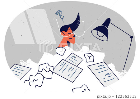 Male employee with drafts overwhelmed with work 122562515