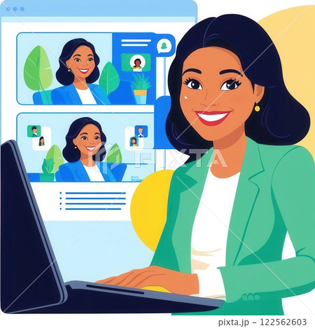 Flat design illustration of a smiling woman participating in a virtual meeting on a laptop with colleagues visible. 122562603