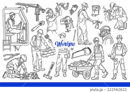 Man workers work performing construction or repair tasks using special equipment. Hand drawn. Man workers work performing construction or repair tasks using special equipment. Hand drawn. 122562622