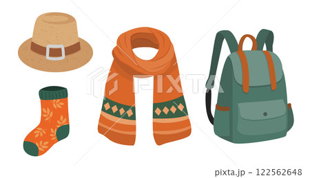 Collection of Autumn clothing objects scarf, sock, backpack and hat 122562648