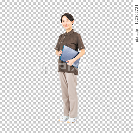 Middle-aged female staff member holding a file. Full-body photo PNG with transparent background precisely cut out by hand 122562721