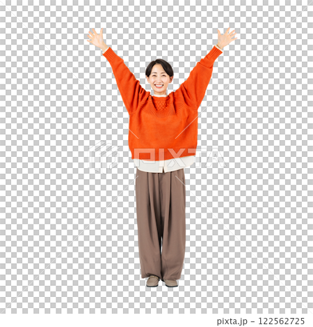 A stylish middle-aged woman raising her arms in the air - A transparent, full-body photo PNG precisely cut by hand 122562725