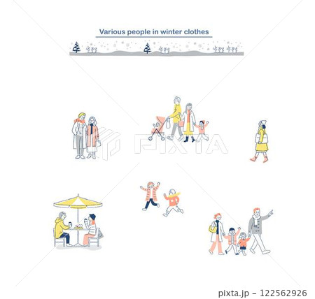 歩いているさまざまな人々　冬　セット 122562926