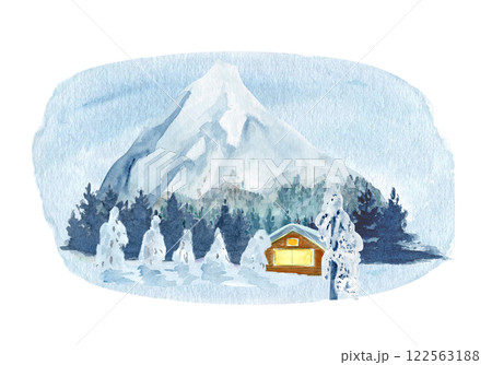 Log house, mountain, forest winter landscape isolated on white background. High quality watercolor illustration perfect for cards, as a landscape element. Cute cozy decorative residence clip art Log house, mountain, forest winter landscape isolated on white background. High quality watercolor illustration perfect for cards, as a landscape element. Cute cozy decorative residence clip art 122563188