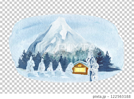 Log house, mountain, forest winter landscape isolated on white background. High quality watercolor illustration perfect for cards, as a landscape element. Cute cozy decorative residence clip art Log house, mountain, forest winter landscape isolated on white background. High quality watercolor illustration perfect for cards, as a landscape element. Cute cozy decorative residence clip art 122563188