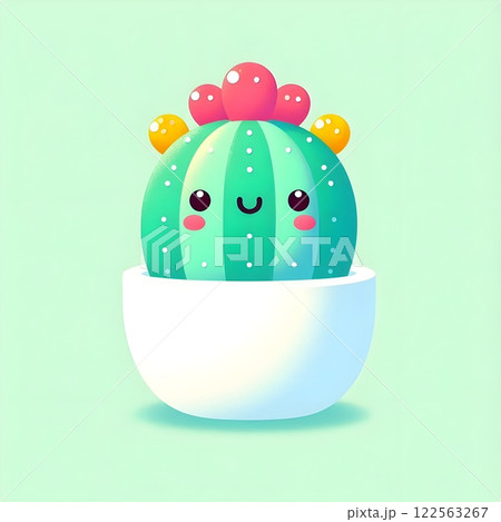 Cute smiling cactus in a white pot. 122563267