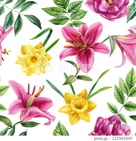 Seamless floral easter pattern with pink lilies, yellow daffodils, green leaves. Watercolor illustration spring print Seamless floral easter pattern with pink lilies, yellow daffodils, green leaves. Watercolor illustration spring print 122563397