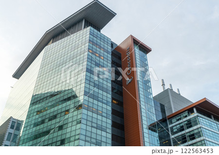 Ville Marie, Montreal, Quebec, Canada - August 8 2021 : Concordia University Engineering, Computer Science and Visual Arts Integrated Complex on the corner of Saint Catherine Street and Guy Street. 122563453