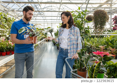 Male owner of small business nursery selling potted plants and flowers for female customer 122563615