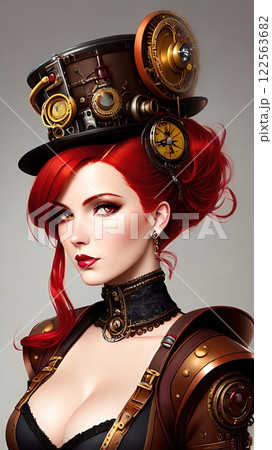 A young woman in a steampunk aesthetic, showcasing a blend of Victorian fashion and futuristic technology A young woman in a steampunk aesthetic, showcasing a blend of Victorian fashion and futuristic technology 122563682