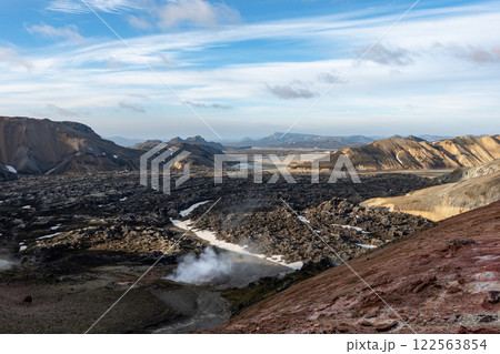 Enjoying the breathtaking view of a volcano from the summit of a mountain 122563854