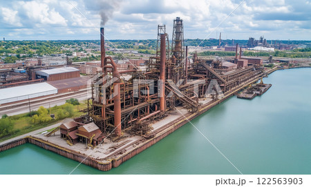 日本の河川沿いにある錆びた煙突が印象的な製鉄工場を上空からのアングルでリアルに描いたAI生成画像 日本の河川沿いにある錆びた煙突が印象的な製鉄工場を上空からのアングルでリアルに描いたAI生成画像 122563903