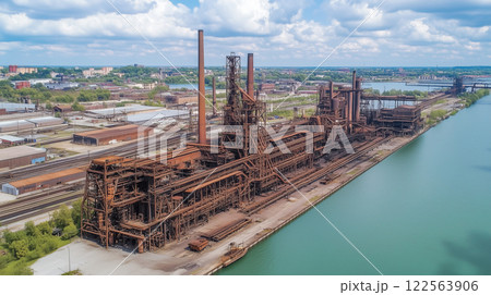 日本の河川沿いにある錆びた煙突が印象的な製鉄工場を上空からのアングルでリアルに描いたAI生成画像 日本の河川沿いにある錆びた煙突が印象的な製鉄工場を上空からのアングルでリアルに描いたAI生成画像 122563906
