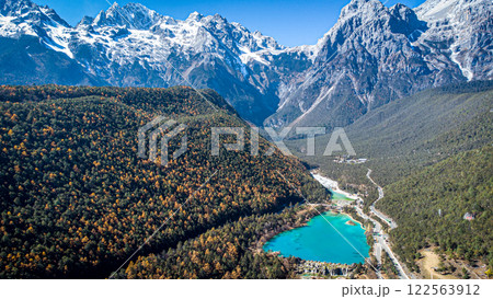 Aerial view of Naxi holy mountain. Blue moon lake near Lijiang, Yunnan, China. 122563912