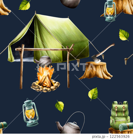 Seamless pattern with campfire, camping axe, hiking and camping backpack, rolled up blanket and sleeping bag in green camping tent, roasted marshmallows on a stick, marine compass. Watercolor isolated 122563926