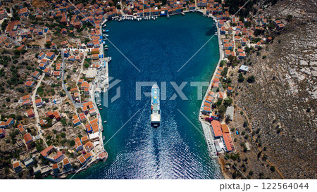 Ship entering Kastellorizo Bay. Greece furthest island in front of Turkey 122564044