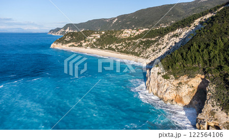 Aerial view in the golden hour of empty beautiful Mylos Beach. Lefkada. Greece 122564106