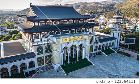 Aerial view of a Shadian. Shadianzhen. Mosque in Yunnan, China. 122564111