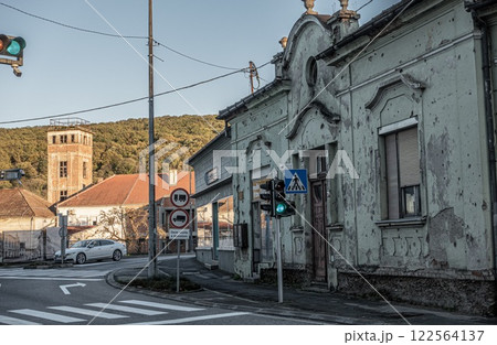 Pakrac clashes still visible today. Shot wall in the centre. Croatia. Yugoslavia 122564137