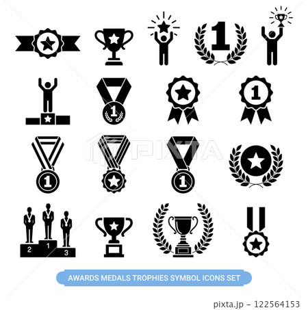 Awards medals trophies podiums and wreaths symbol icons set 122564153