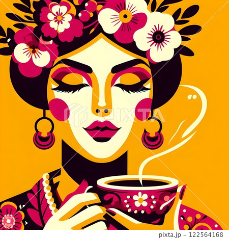 Cropped image of woman with closed eyes holding a coffee or tea cup. 122564168