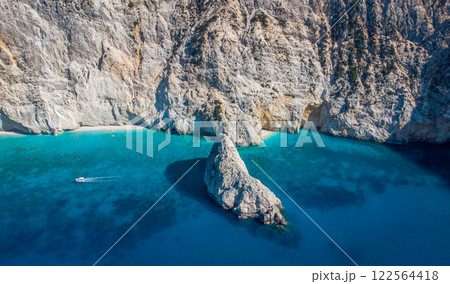 Porto Katsiki Greece most beautiful beach. Boat down the cliff. Pristine Lefkada Porto Katsiki Greece most beautiful beach. Boat down the cliff. Pristine Lefkada 122564418