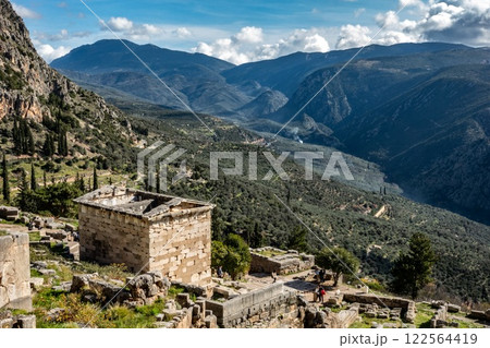 Delphi. Delfos oracle overlooking impressive olive tree valley in Greece. Legacy Delphi. Delfos oracle overlooking impressive olive tree valley in Greece. Legacy 122564419