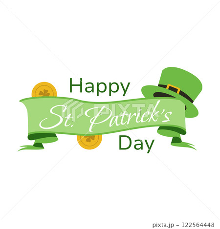 St Patricks Day festive banner illustration featuring a green ribbon, leprechaun hat, and lucky gold coins. Celebration design with Irish symbols, perfect for greeting cards. Vector illustration 122564448