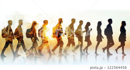 Students walking together toward a bright future with scenic double exposure effect 122564456