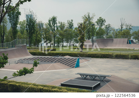 Aerial view of modern skatepark in city 122564536