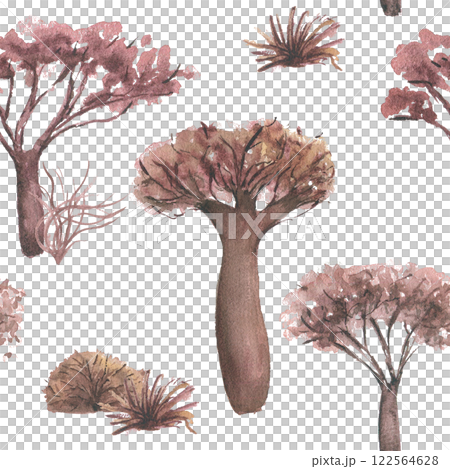 African savanna seamless pattern with baobab and acacia trees watercolor isolated. Hand painted warm brown landscape for safari prints, boho wall art, adventure, travel designs on repeat background. 122564628