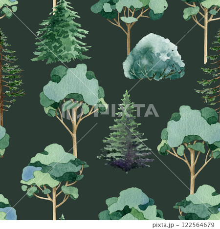 Mix tree forest seamless pattern. Painted fir trees, bushes, eucalyptus on dark green background. Woodland illustration pattern design element perfect for printing, textile, wrapping paper Mix tree forest seamless pattern. Painted fir trees, bushes, eucalyptus on dark green background. Woodland illustration pattern design element perfect for printing, textile, wrapping paper 122564679