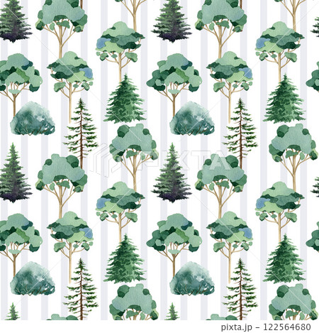Mix tree forest seamless pattern element. Fir trees, bushes, eucalyptus on tender blue stripe background. Elegant woodland illustration pattern design perfect for printing, textile, wrapping paper Mix tree forest seamless pattern element. Fir trees, bushes, eucalyptus on tender blue stripe background. Elegant woodland illustration pattern design perfect for printing, textile, wrapping paper 122564680
