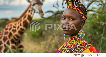 Woman in vibrant traditional African attire with intricate beadwork, standing in a savanna setting with a giraffe in the background, embodying cultural heritage and natural harmony 122564798