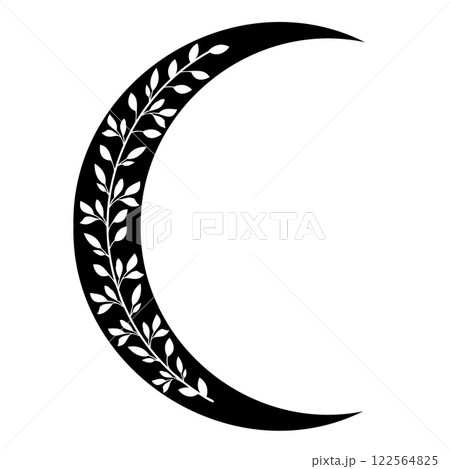 Elegant crescent moon botanical illustration with delicate floral details for mystical, celestial designs. Lunar ornament with a botanical touch, tattoos, posters, astrology. Vector illustration Elegant crescent moon botanical illustration with delicate floral details for mystical, celestial designs. Lunar ornament with a botanical touch, tattoos, posters, astrology. Vector illustration 122564825