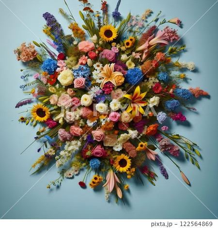 Colorful flowers, light blue sky background. 122564869