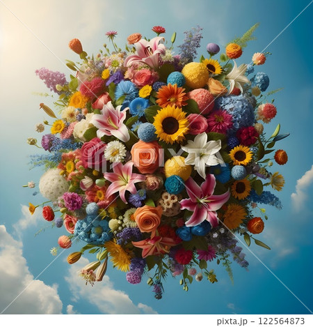 Colorful flowers, light blue sky background. 122564873