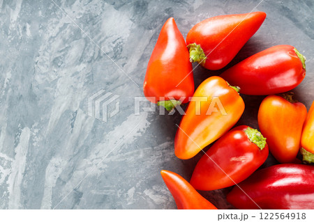 Ripe Colorful Bell Peppers Capsicum on Gray Concrete Background, Copy Space Ripe Colorful Bell Peppers Capsicum on Gray Concrete Background, Copy Space 122564918