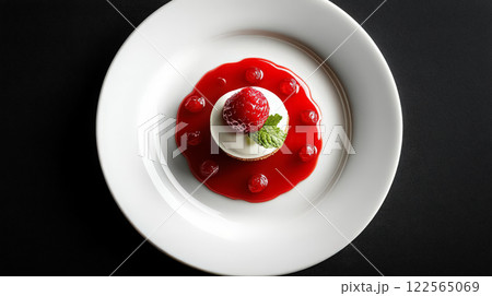 A white porcelain plate with a single, perfectly plated dessert in the center A white porcelain plate with a single, perfectly plated dessert in the center 122565069
