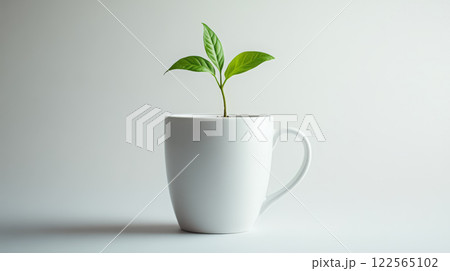 A white coffee mug with a small plant sprouting inside, centered on a white background 122565102