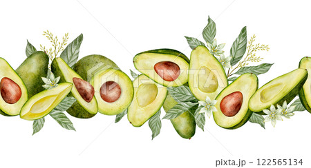 seamless border of Watercolor avocado illustration. Hand drawn botanical drawing. Half and slice fruit with leaves and seed. Green plant for food, cosmetic packaging design, card, invitation. 122565134
