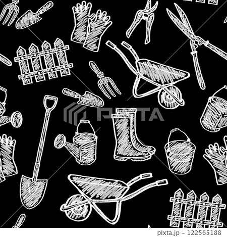 黒バックに白い線で描いたガーデニング用品のシームレスパターン 黒バックに白い線で描いたガーデニング用品のシームレスパターン 122565188